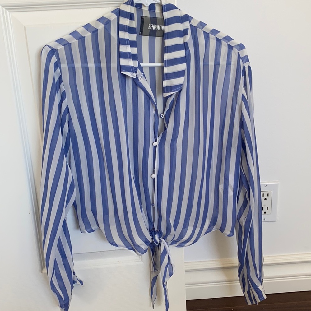 Reformation blue and white striped shirt